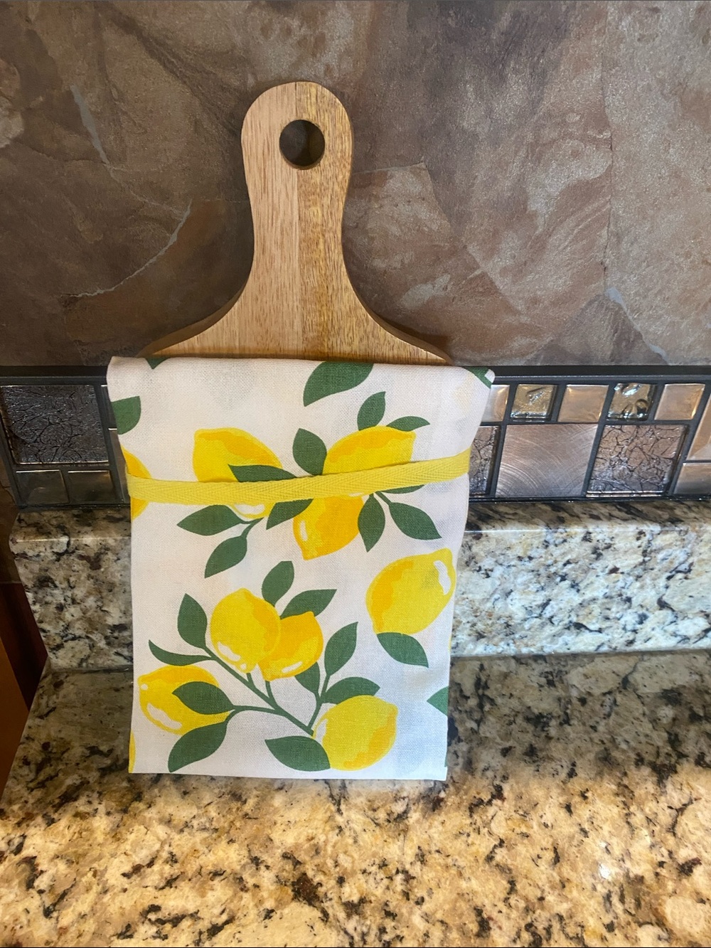 Squeeze Wooden Prep Board with Yellow Ribbon and Green Towel Accent